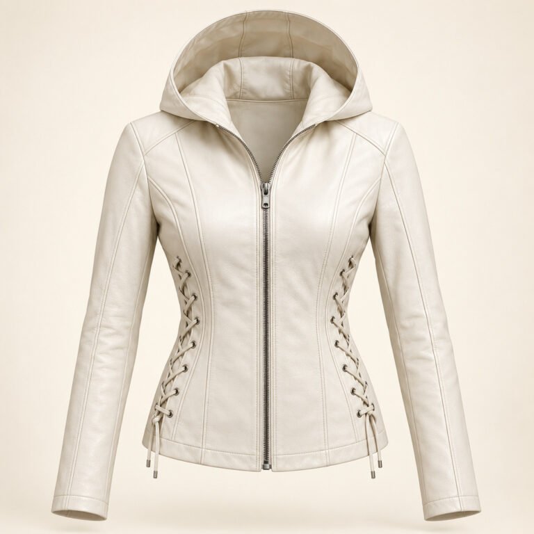 Women's Ivory Hooded Leather Jacket - Lace-Up Side