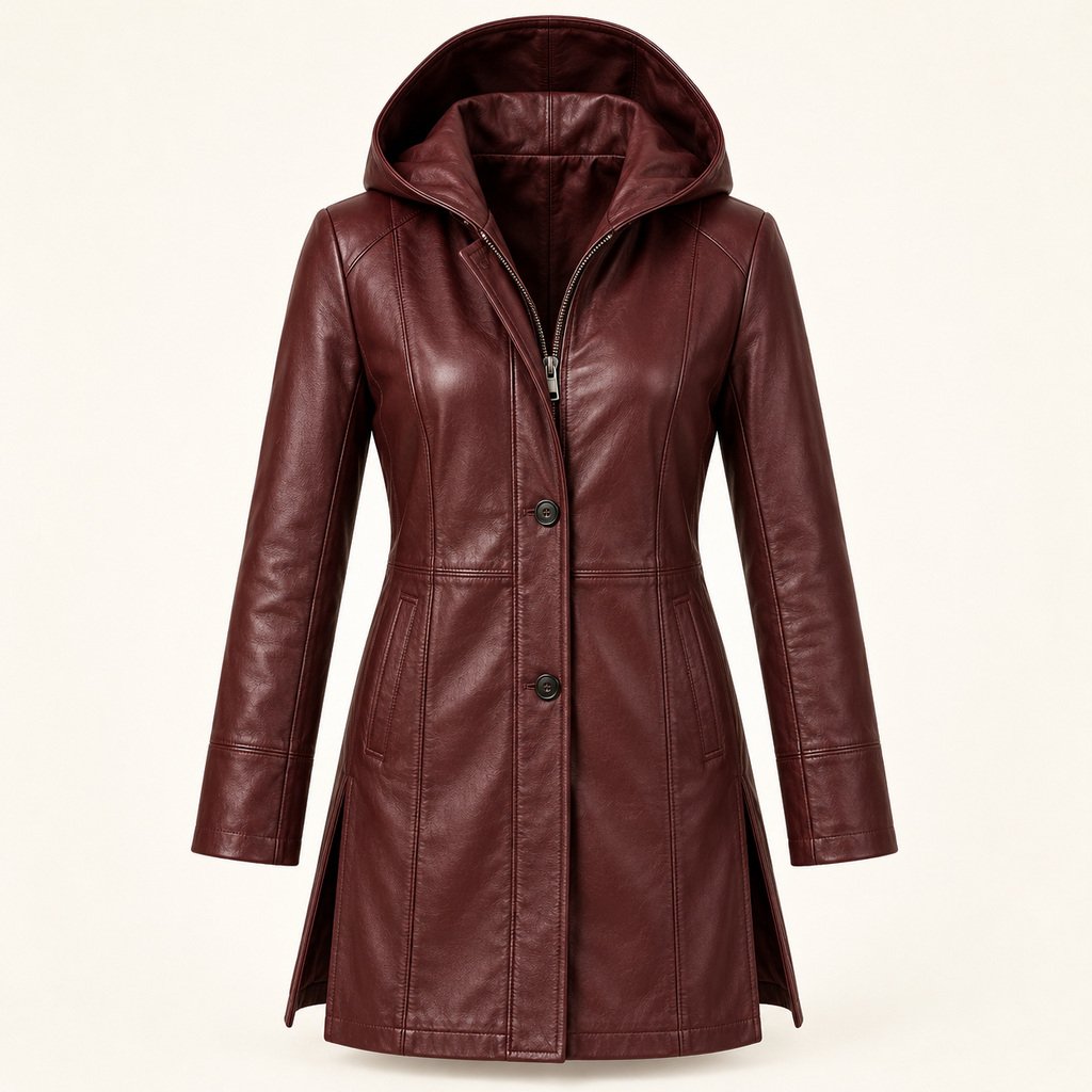Women's Oxblood Hooded Leather Jacket - Longline Side Split