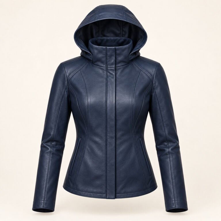 Women's Midnight Blue Hooded Leather Jacket - High Neck