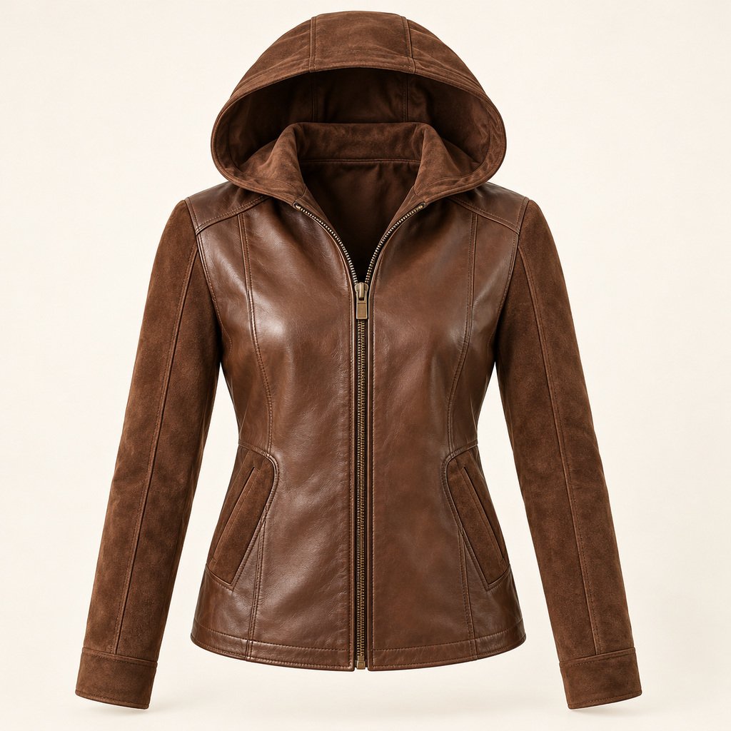 Women's Brown Hooded Leather Jacket - Suede Panel