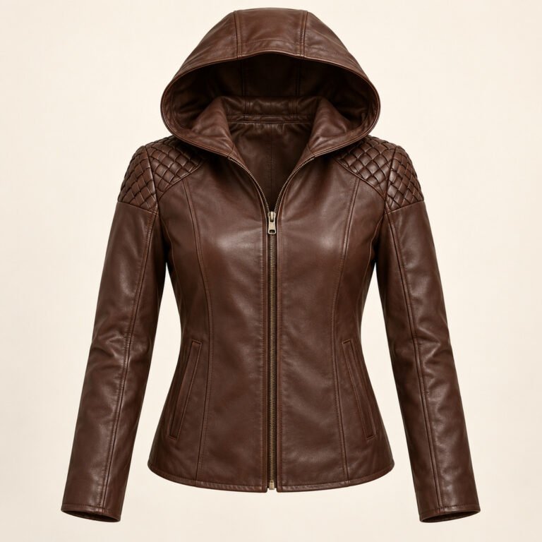 Women's Chocolate Hooded Leather Jacket - Lattice Shoulder