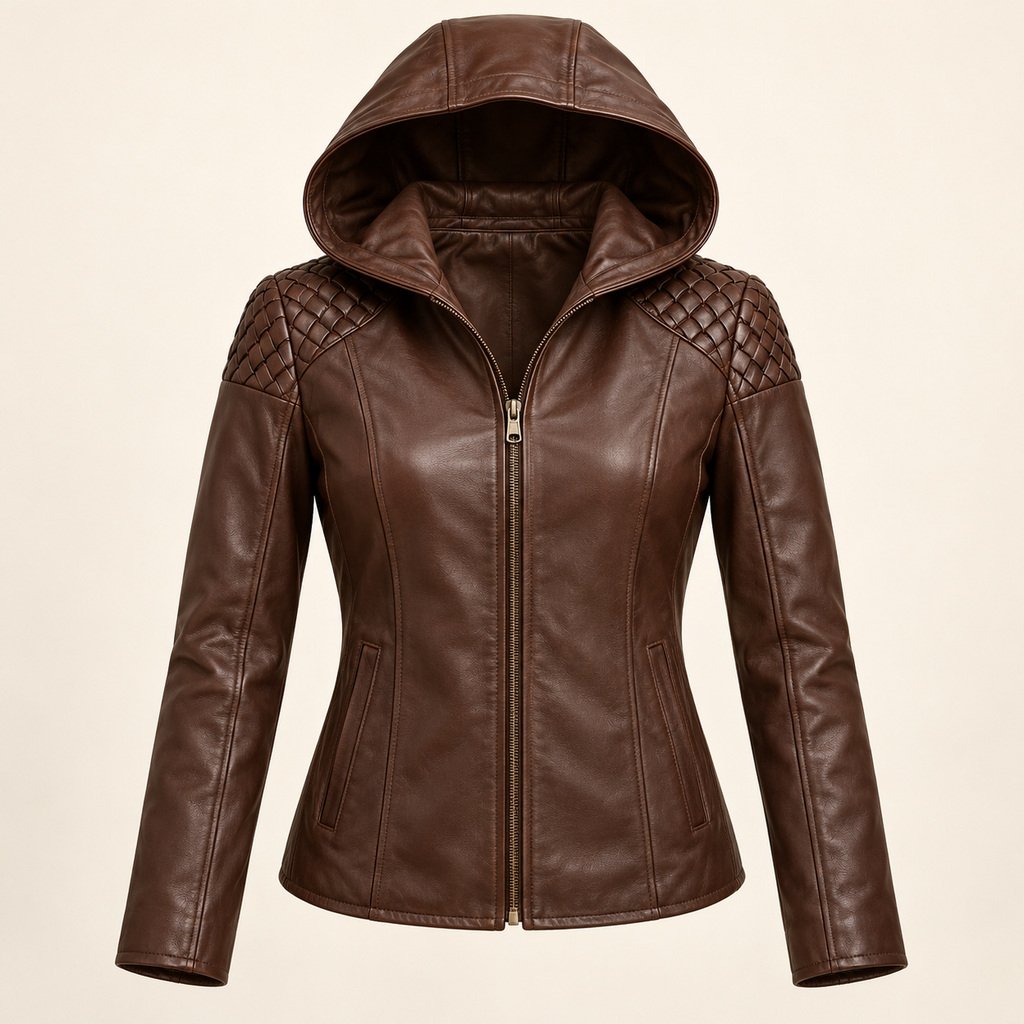 Women's Chocolate Hooded Leather Jacket - Lattice Shoulder
