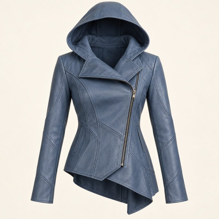 Women's Slate Blue Hooded Leather Jacket - Asymmetric Hem