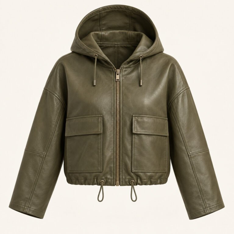 Women's Olive Hooded Leather Jacket - Drawcord Cropped