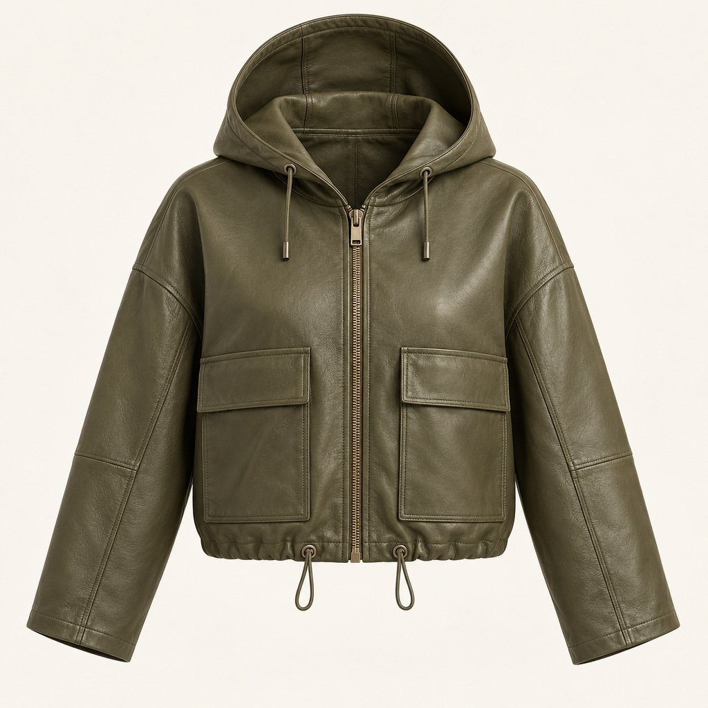 Women's Olive Hooded Leather Jacket - Drawcord Cropped