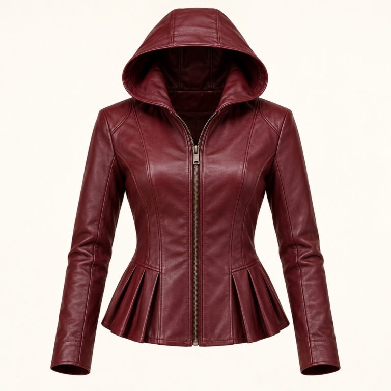Women's Wine Hooded Leather Jacket - Pleated Waist