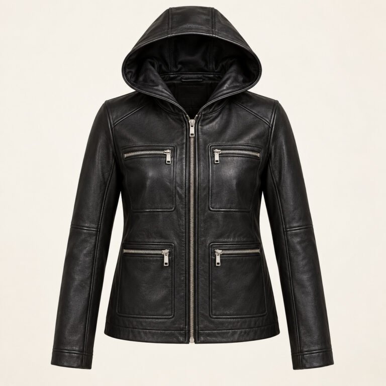 Women's Black Hooded Leather Jacket - Silver Zip Grid