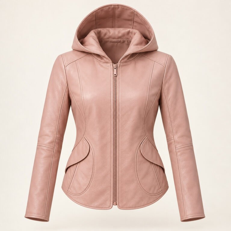 Women's Blush Pink Hooded Leather Jacket - Petal Pocket
