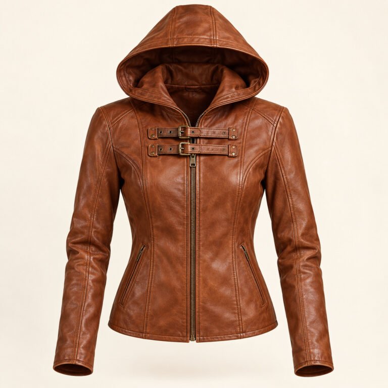 Women's Cognac Hooded Leather Jacket - Harness Strap