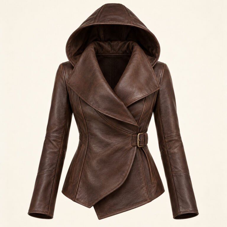 Women's Espresso Hooded Leather Jacket - Shawl Drape