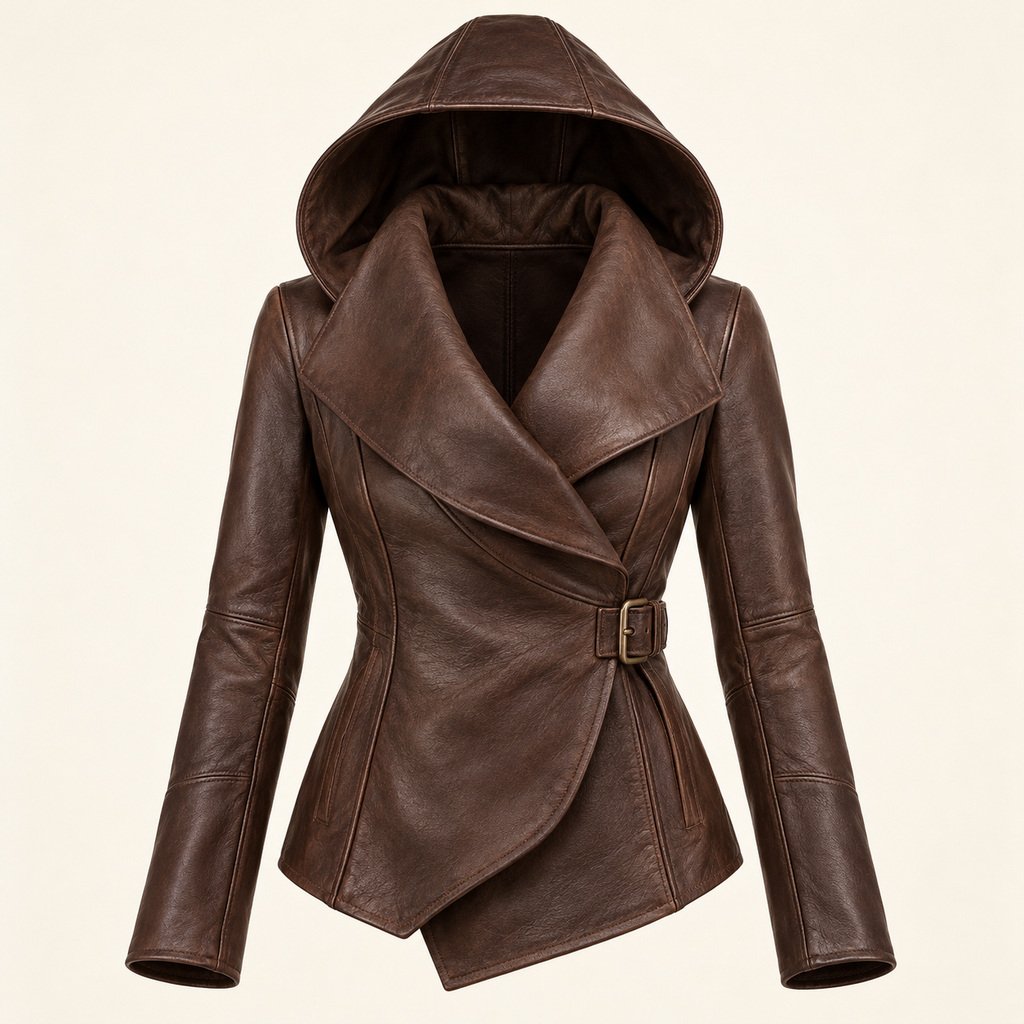 Women's Espresso Hooded Leather Jacket - Shawl Drape
