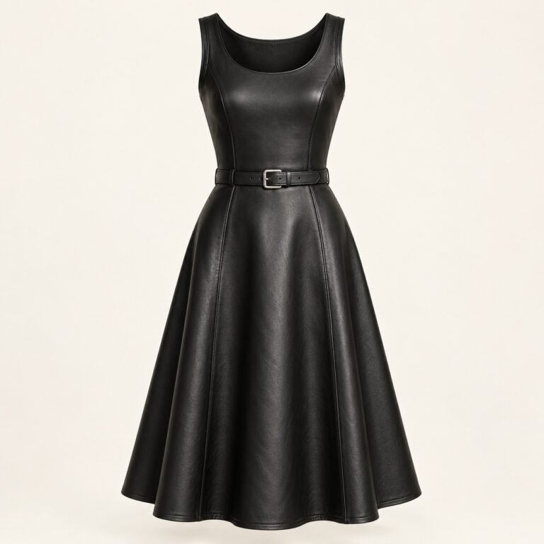 Women's Black Leather A-Line Midi Dress with Belt