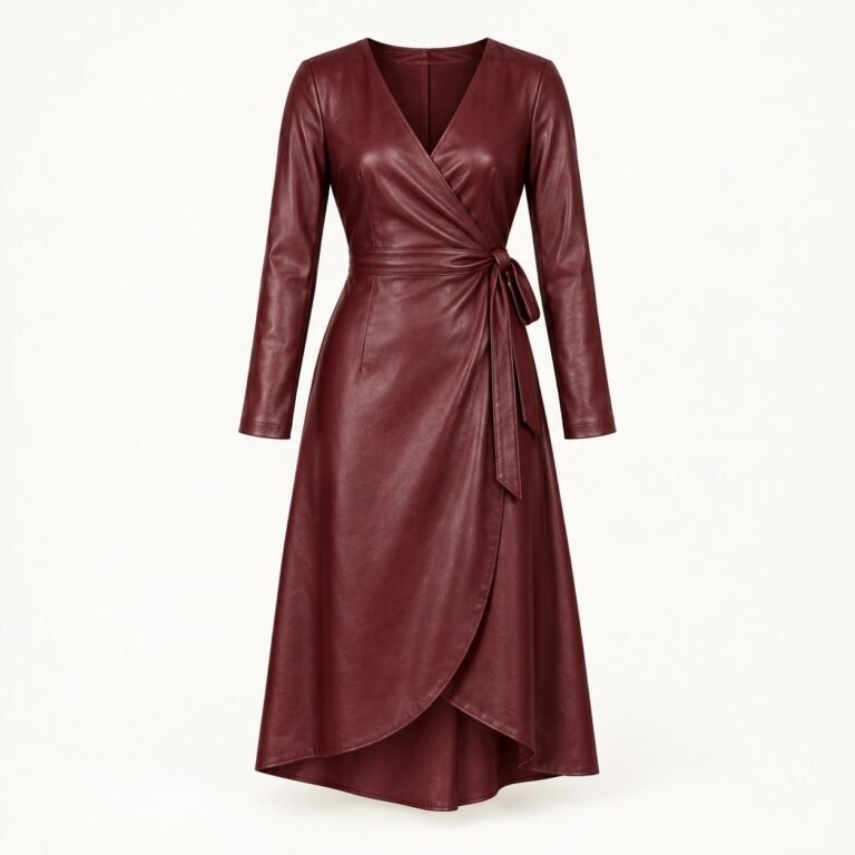 Women's Burgundy Leather Wrap Midi Dress with Long Sleeves
