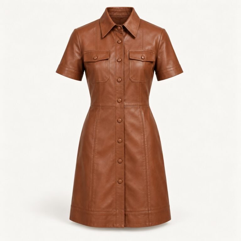 Women's Cognac Leather Shirt Dress with Button Front