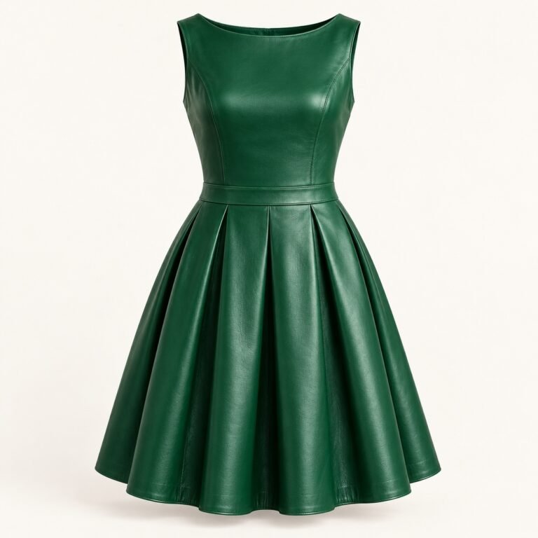 Women's Emerald Leather Pleated Midi Dress
