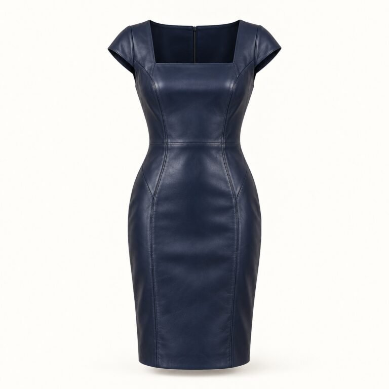Women's Navy Leather Sheath Dress with Cap Sleeves