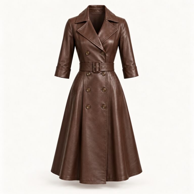 Women's Chocolate Leather Trench Midi Dress with Belt