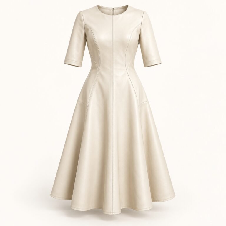Women's Ivory Leather Fit and Flare Midi Dress