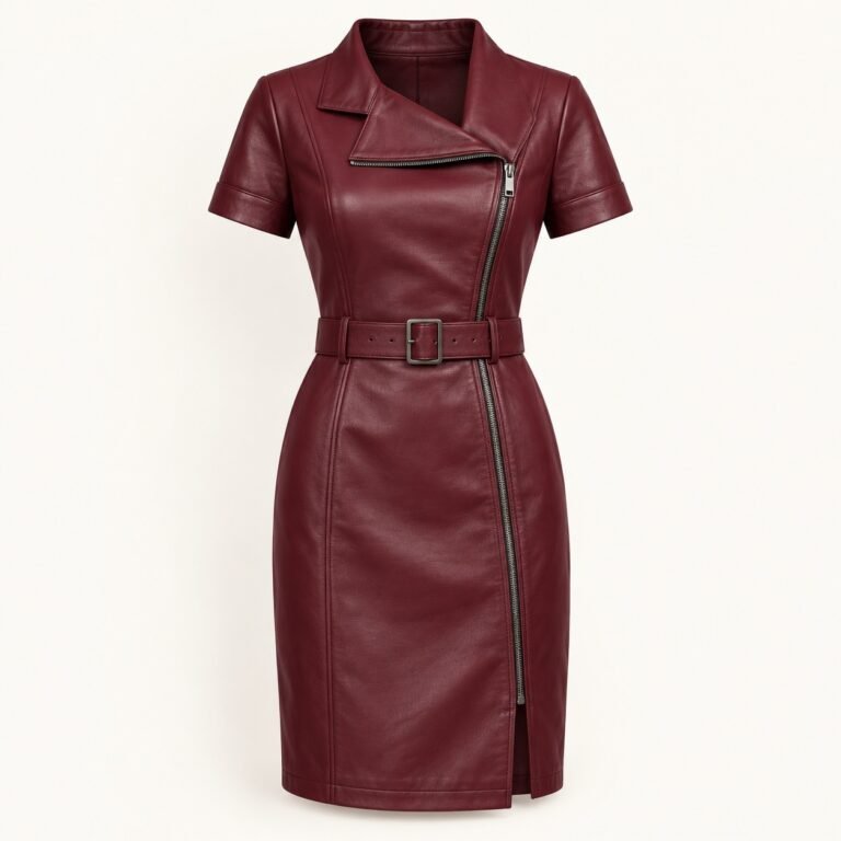 Women's Wine Leather Biker Dress with Asymmetric Zip