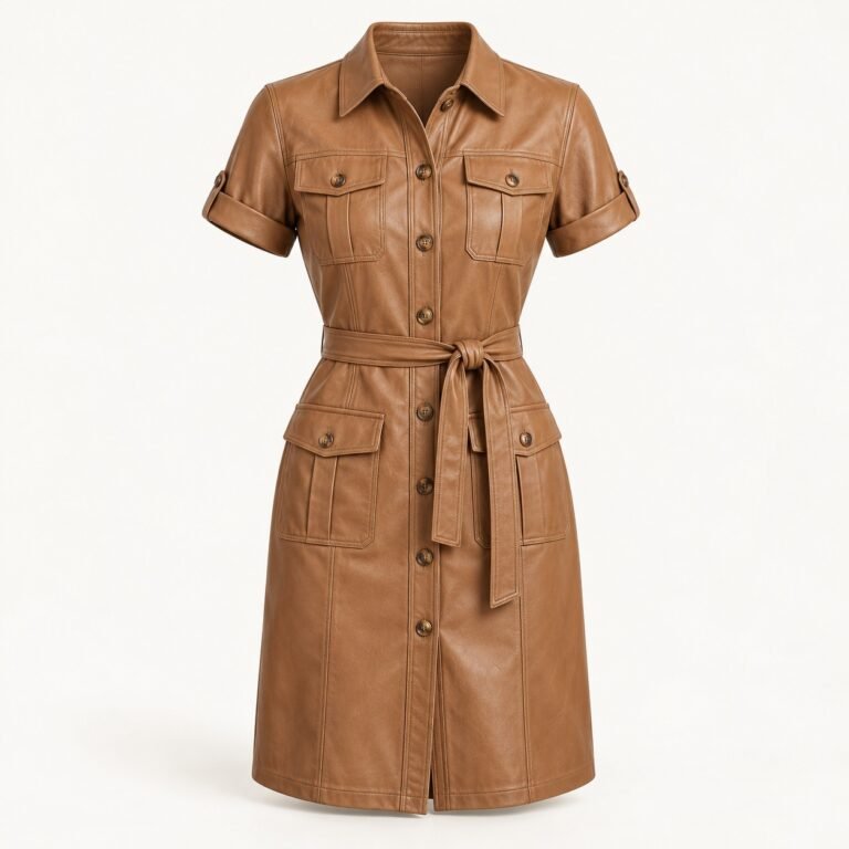 Women's Tan Leather Safari Dress with Pockets