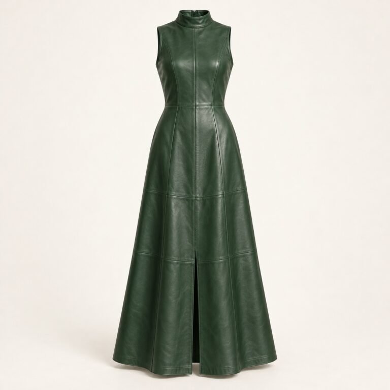 Women's Forest Green Leather Maxi Dress with High Neck