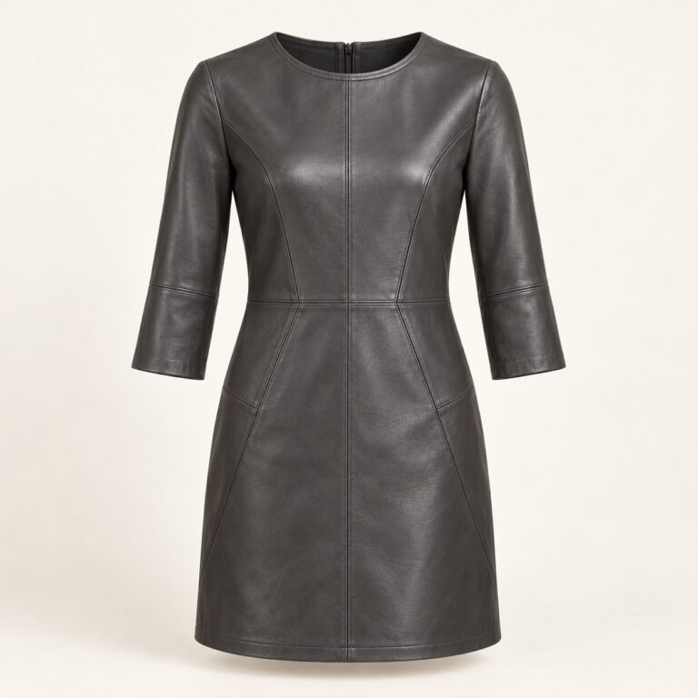 Women's Charcoal Leather Shift Dress with Panel Seams