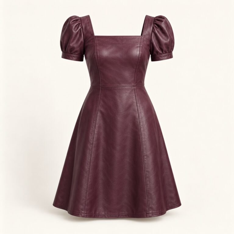 Women's Plum Leather Puff Sleeve A-Line Dress