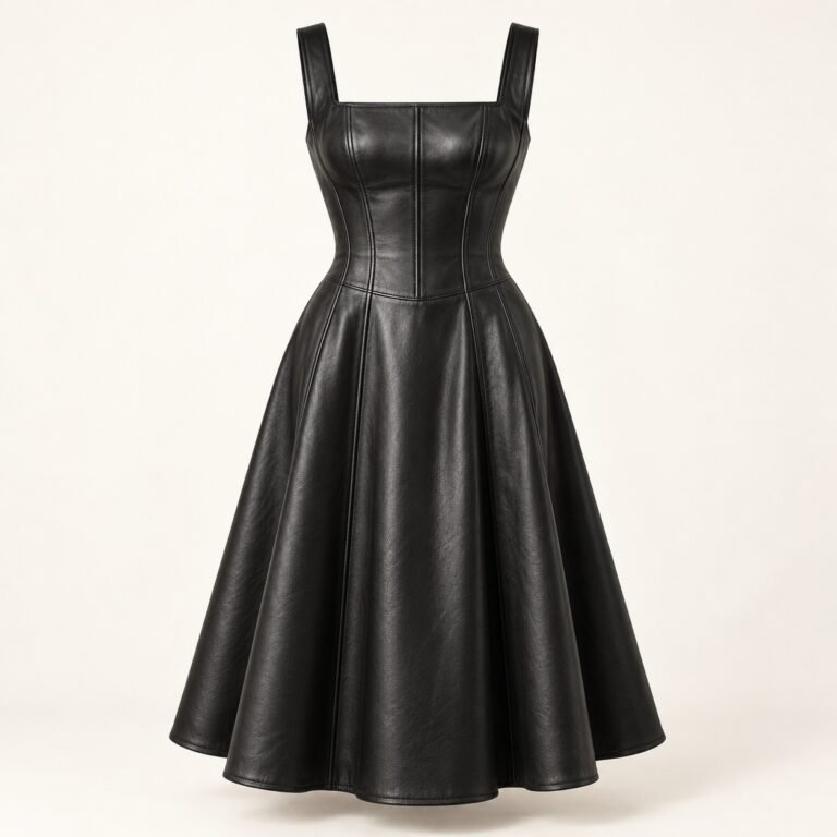 Women's Black Leather Corset Seam Midi Dress