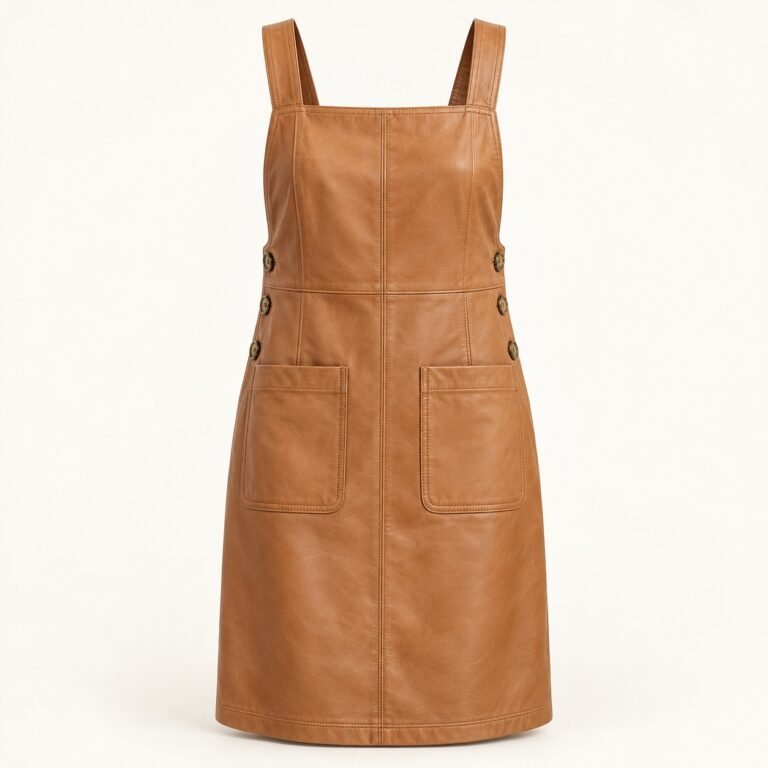 Women's Camel Leather Pinafore Dress with Pockets