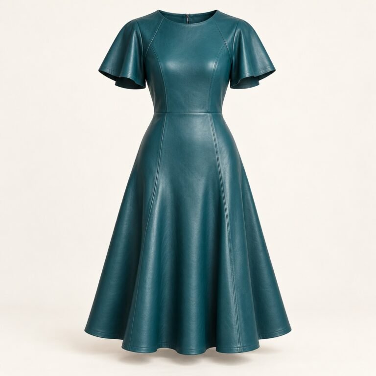 Women's Teal Leather Cape Sleeve Midi Dress