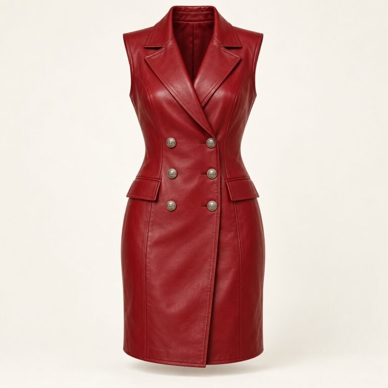 Women's Red Leather Double Breasted Tuxedo Dress