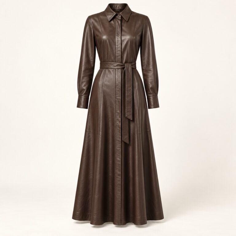 Women's Espresso Leather Maxi Shirt Dress with Belt