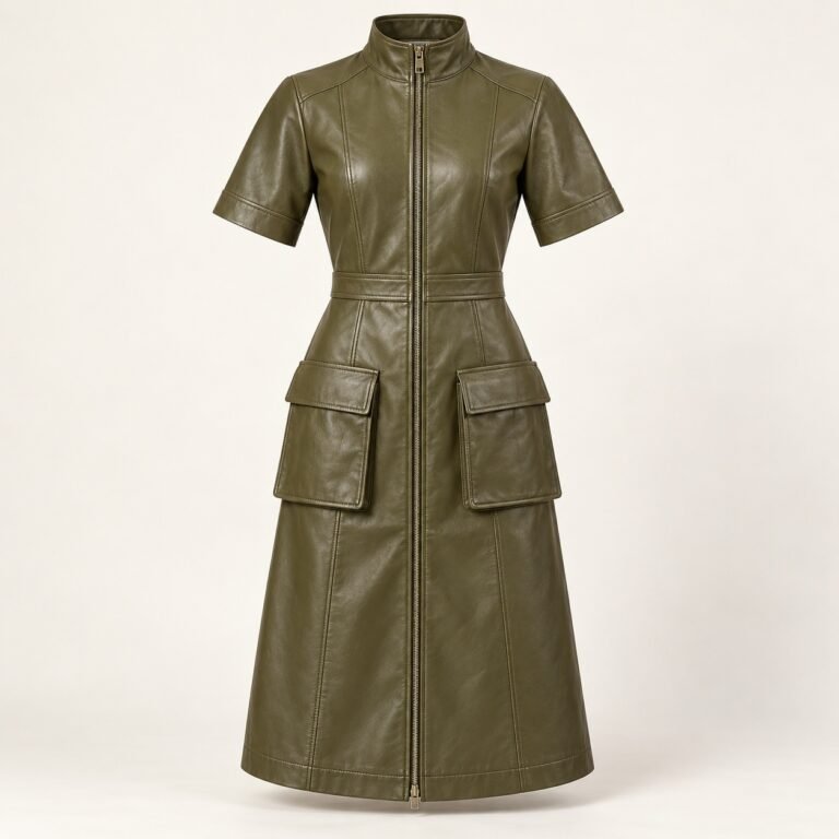Women's Olive Leather Utility Midi Dress with Zip Front