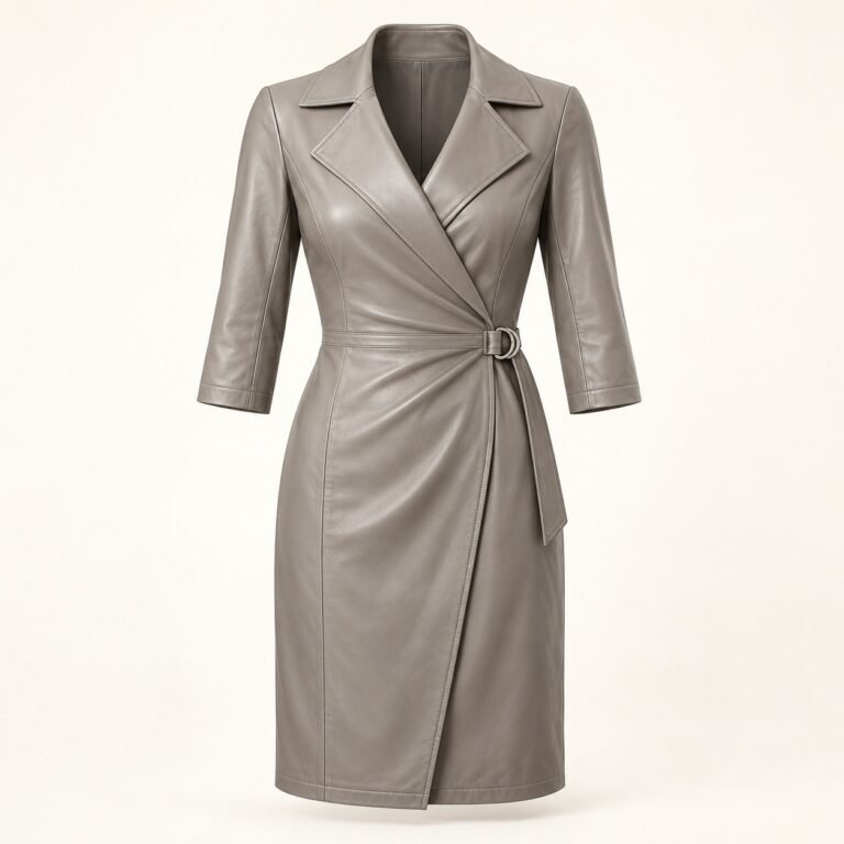 Women's Pearl Gray Leather Wrap Dress with Side Buckle
