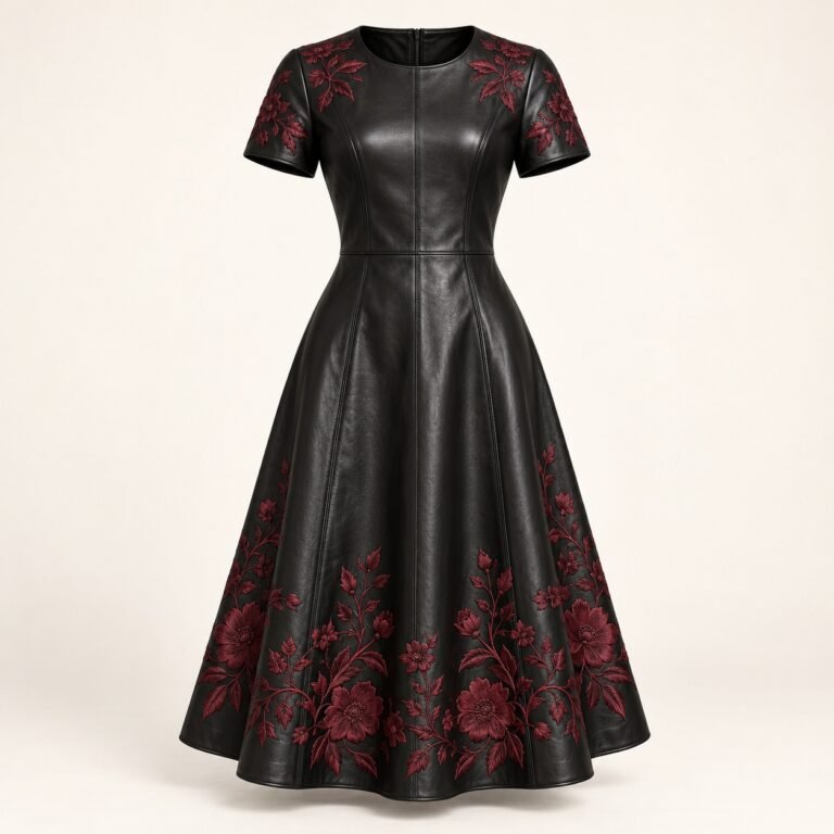 Women's Black Floral Embroidered Leather Midi Dress