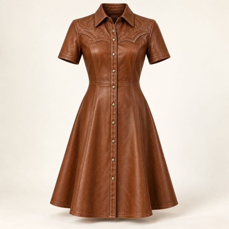 Women's Brown Western Leather Dress with Embroidered Yoke
