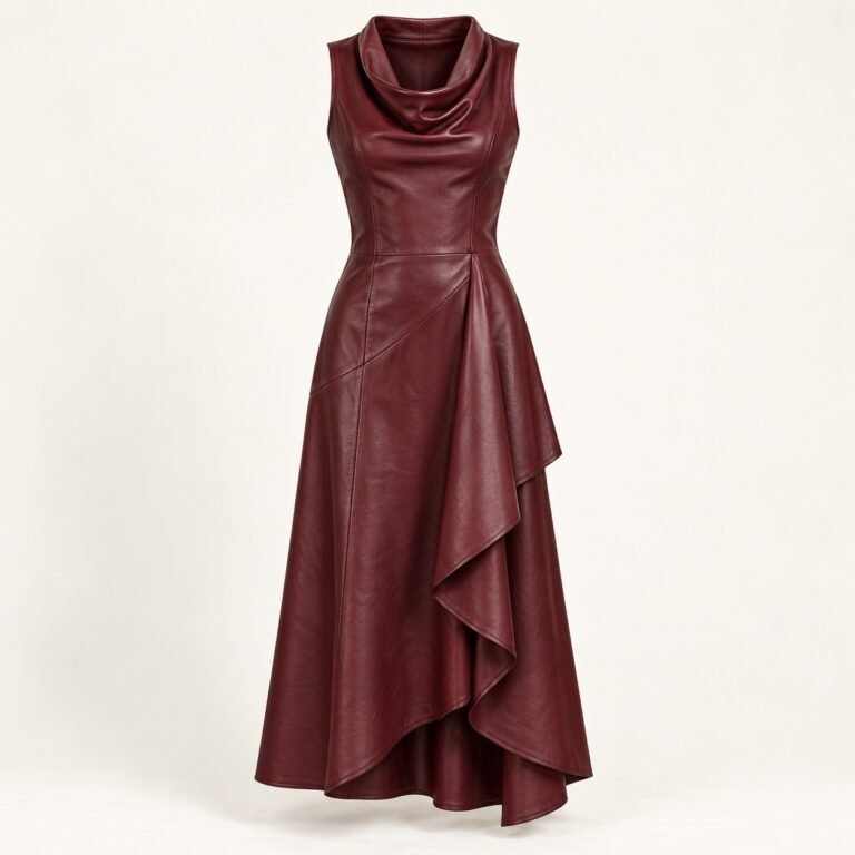 Women's Bordeaux Leather Waterfall Midi Dress