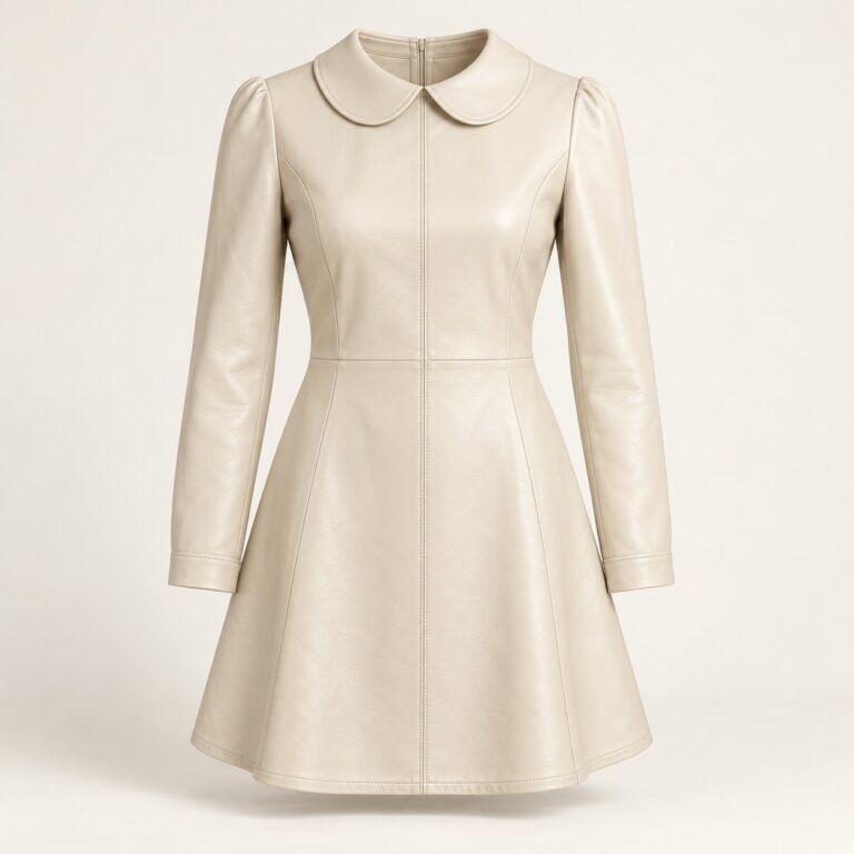 Women's Cream Leather Swing Dress with Peter Pan Collar