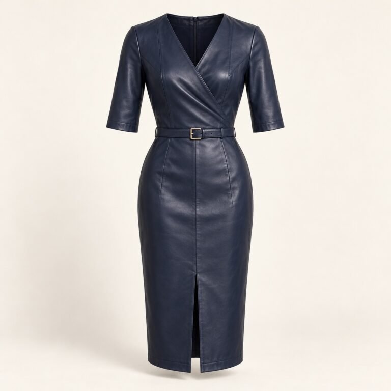Women's Navy Leather Pencil Midi Dress with Belt