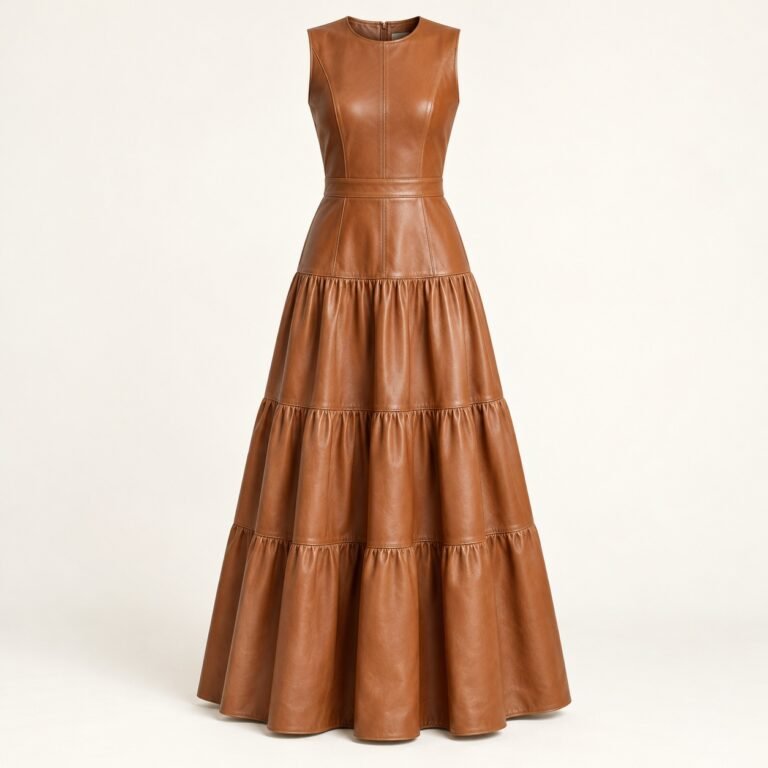 Women's Caramel Leather Tiered Maxi Dress