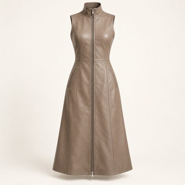 Women's Taupe Leather Zip Front Midi Dress