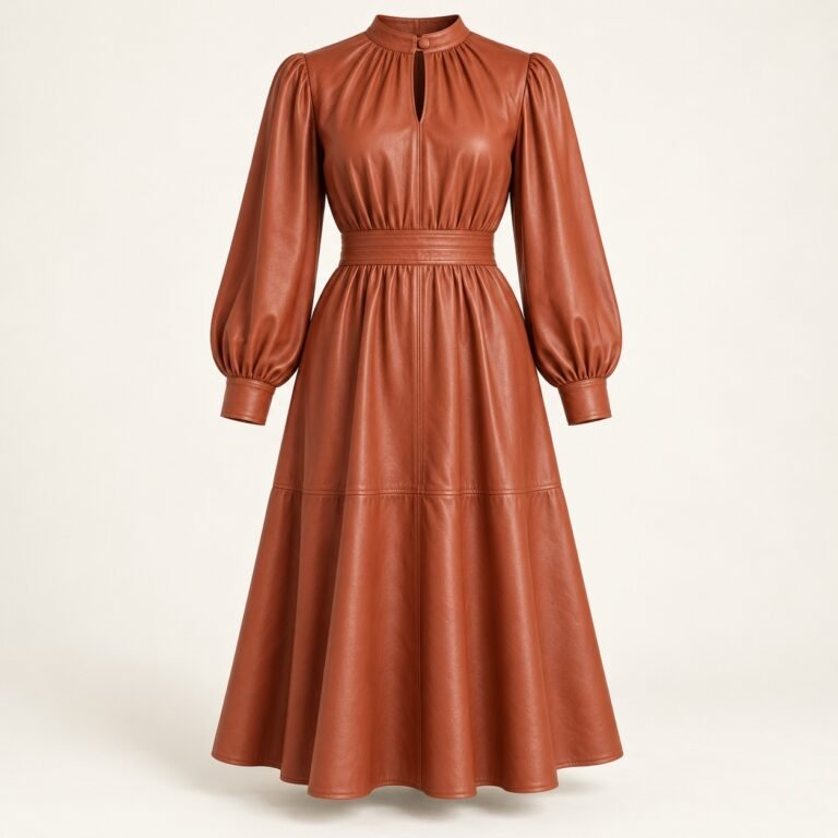 Women's Terracotta Leather Midi Dress with Bishop Sleeves