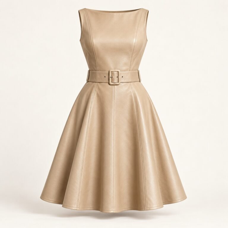 Women's Champagne Leather Belted Swing Dress
