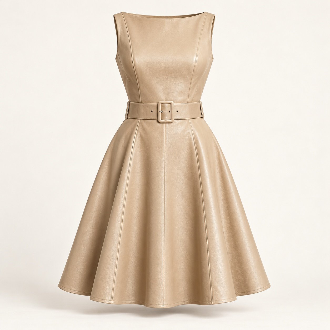 Women's Champagne Leather Belted Swing Dress