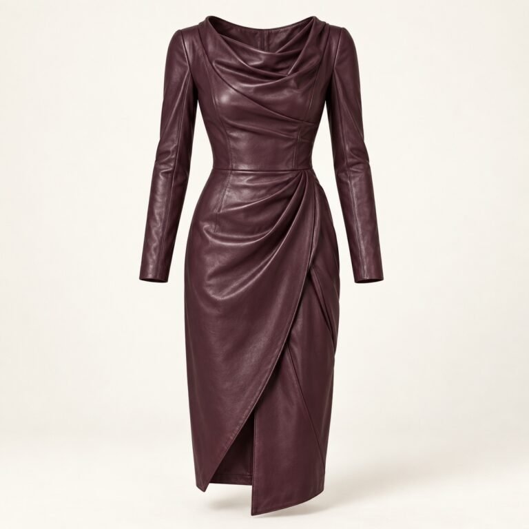 Women's Aubergine Leather Draped Neck Midi Dress