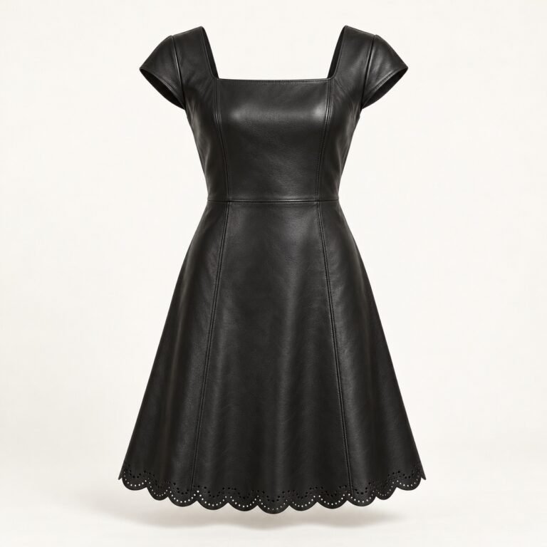Women's Black Leather A-Line Dress with Scalloped Hem