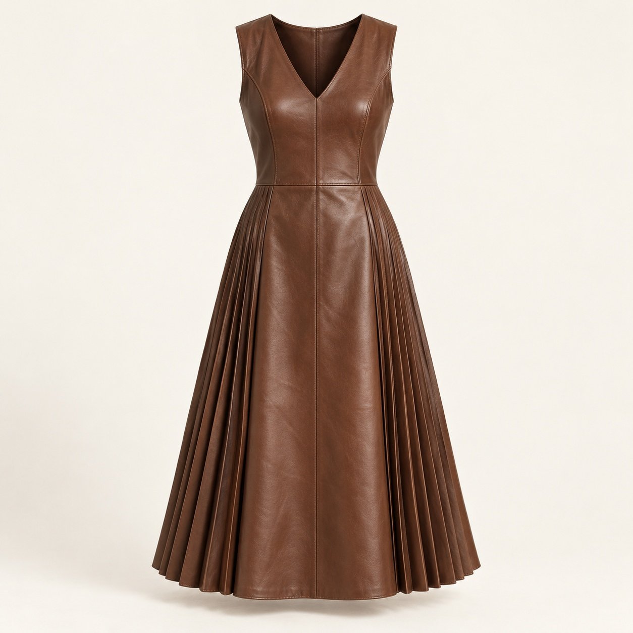 Women's Walnut Leather Midi Dress with Pleated Side Panels