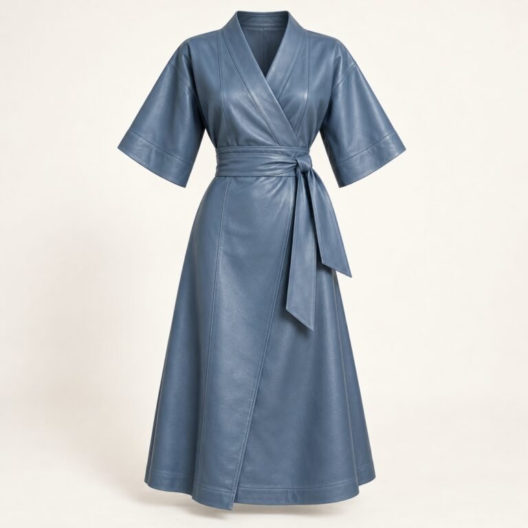 Women's Steel Blue Leather Wrap Midi Dress with Obi Belt