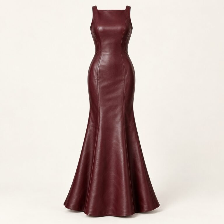 Women's Oxblood Leather Fishtail Maxi Evening Dress