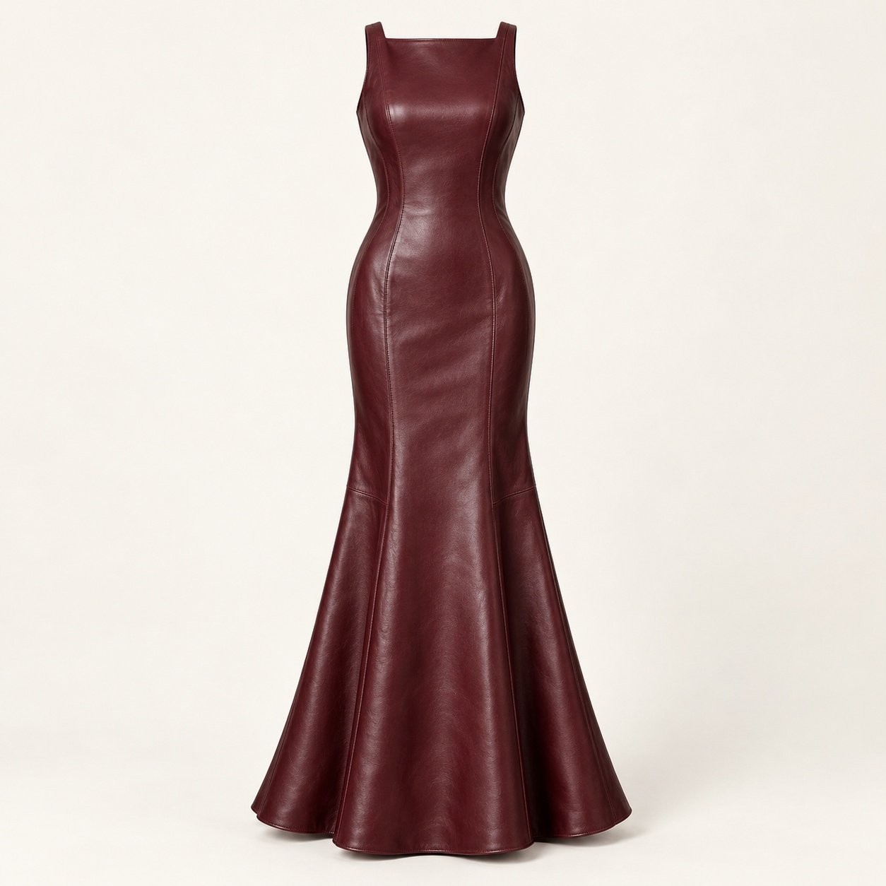 Women's Oxblood Leather Fishtail Maxi Evening Dress